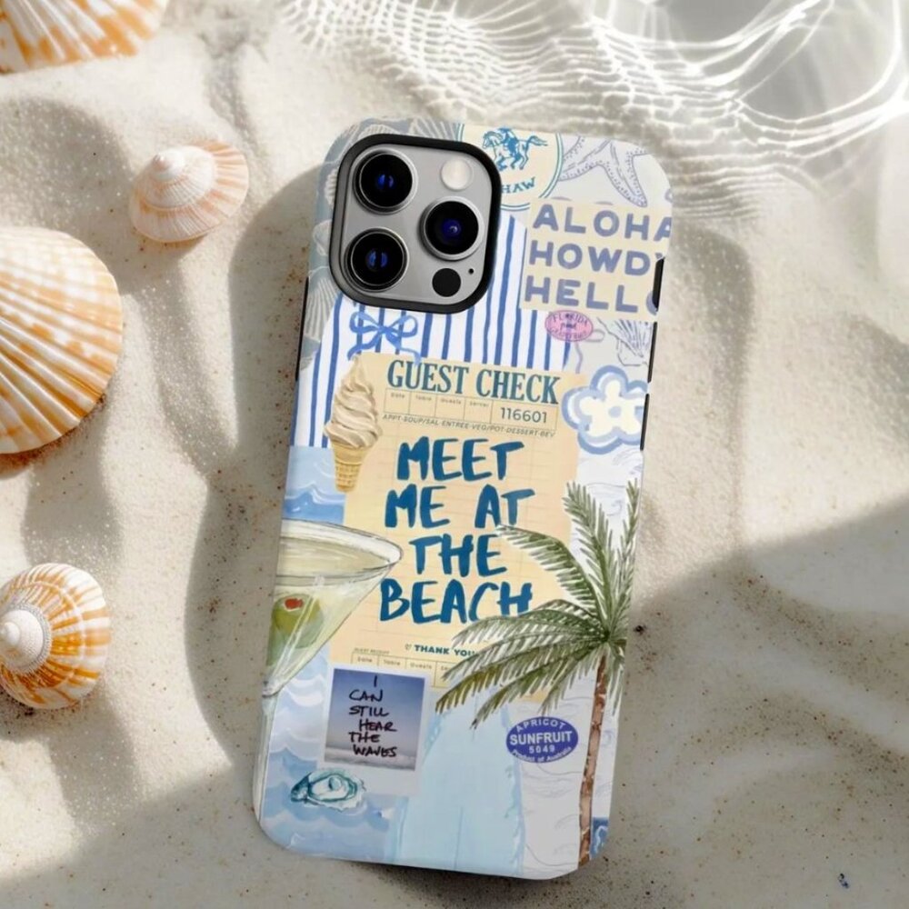 Coastal Beach Phone Case: Retro Palm Tree Collage for iPhone 14 Pro Max